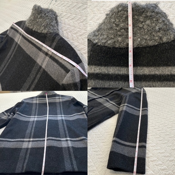 MALLIA Wool/Cashmere Pea Coat Grey Large Plaid Funnel Neck Size14 MadeInCanada - Picture 12 of 15